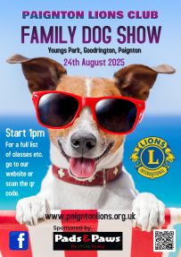 Copy of dog boarding flyer promoting our family Dog show. It shows a picture of a Jack Russell Terrier wearing coloured Sunglasses and smiling.