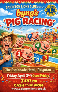 Pig Racing evening at The Esplanade Hotel, Paignton at 7pm on April 3rd (Good Friday) 2026.